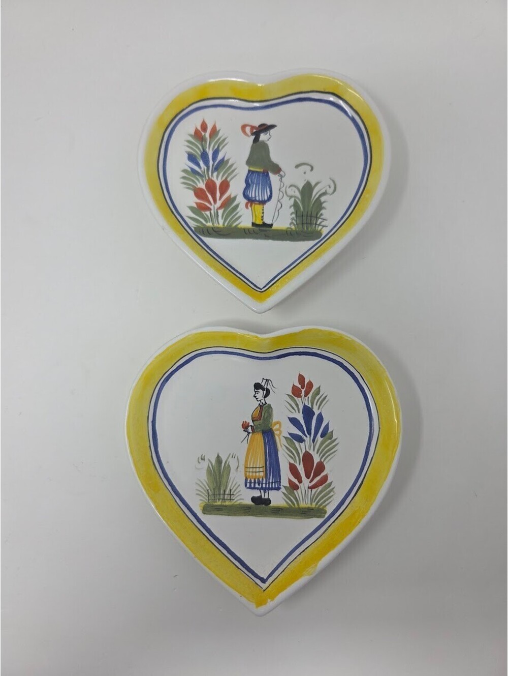 Henriot Quimper France Heart Pottery Dish Pair Hand Painted Folk Art Decor